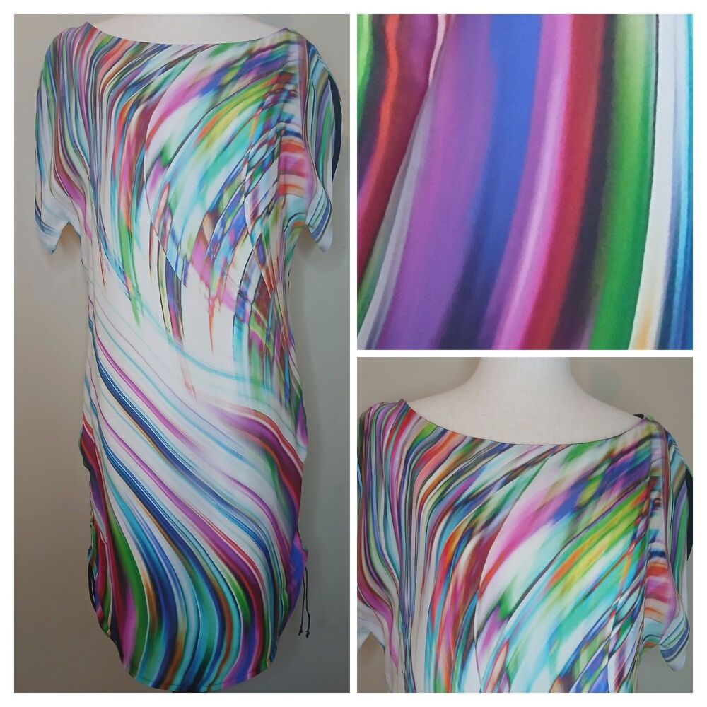 Milly Silk Dress Sz 8 Multicolor Shift Style Swirl Print w Rouched Side Hem $345